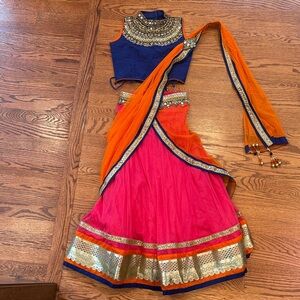 Vibrant Pink and Orange Lehenga Sari